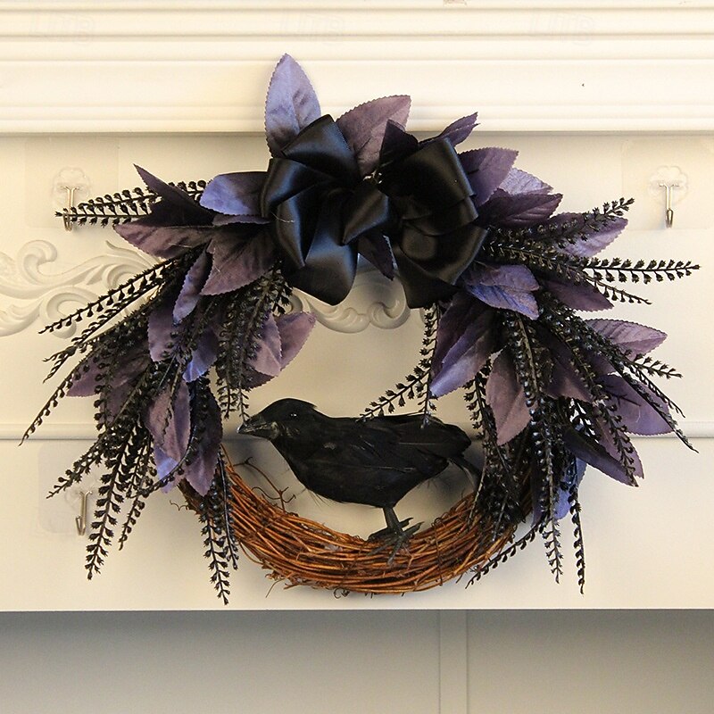 Halloween Wreaths for Front Door Indoor Outdoor Farmhouse Decoration, Crow Bowknot Vine Wreath Hanging Ornament for Spooky Party Decor
