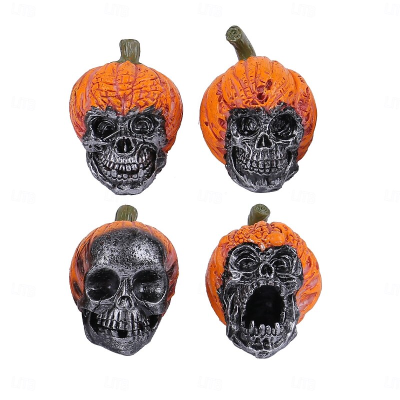 Halloween Skull Resin Figurine with Pumpkin Hat, Spooky Head Skeleton Decoration for Haunted House, Horror Room, Tabletop Display & Party Decor2