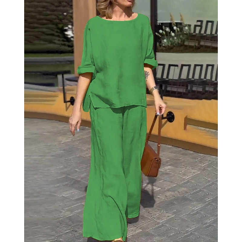 Women's Active Fashion Blouse Pants Sets 3/4 Length Sleeve Crew Neck Solid Color Split Thigh Daily Holiday Yellow Blue Green Summer Regular Fit2