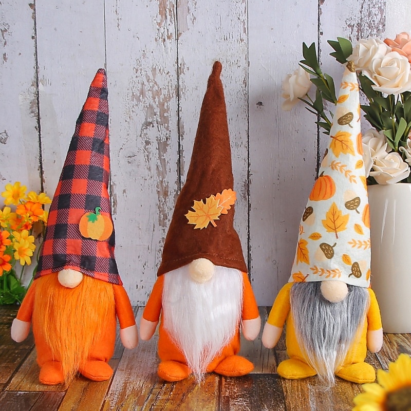 Fall Gnome Plush Decor, Faceless Standing Doll with Plaid Pumpkin Hat, Thanksgiving Harvest Table Decoration for Home, Autumn Shelf Ornament