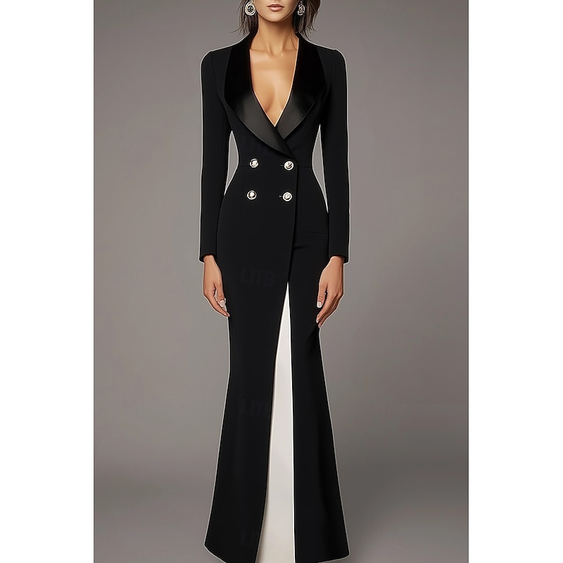 Tuxedo Dress Mermaid / Trumpet Mermaid Formal Wedding Guest Stretch Crepe Elegant Simple Long Sleeve Floor Length Shawl Lapel Double Breasted