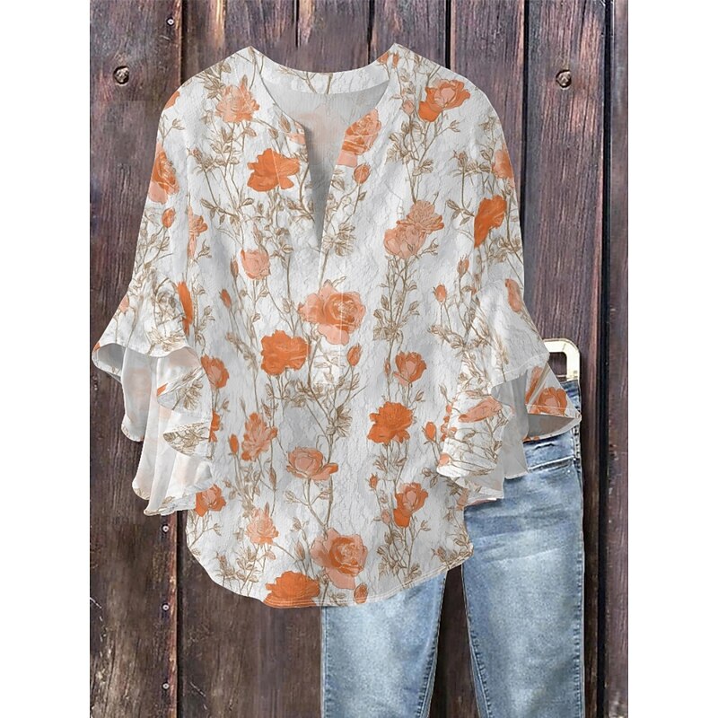 Women's Blouse Floral Stylish Modern 3/4 Length Sleeve V Neck Regular Tops Daily Holiday Ruffle Print Orange Khaki Apricot Summer