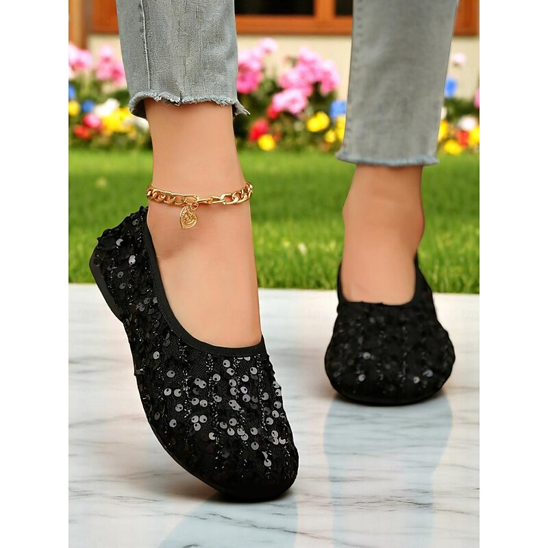 Women's Glitter Sequin Wide-Toe Ballet Flats, Soft Slip-On Barefoot Shoes for Evenings, Weddings and Elegant Garden Gatherings