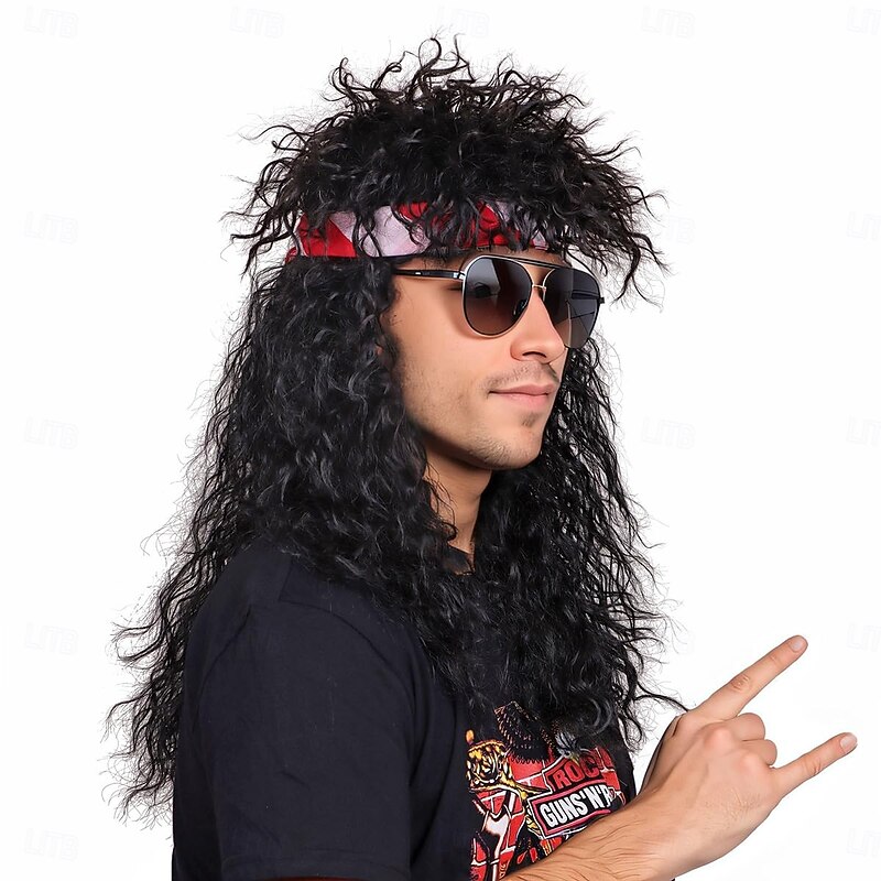 80s Wig For Men Long Curly Black Rocker Cosplay Wig For Halloween(Only Wigs)3