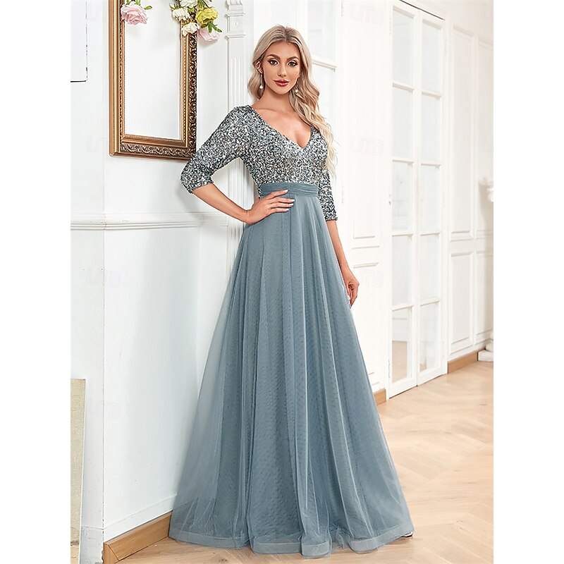 A-Line Quinceanera Dresses Elegant Dress Formal Wedding Floor Length Half Sleeve V Neck Tulle with Sequin