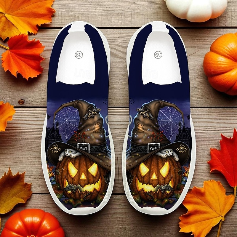 Women's Halloween Pumpkin Slip-On Shoes – Blue Flyknit Walking Sneakers with Jack-O'-Lantern Design for Spooky Nights, Haunted Events and Themed Fall Outings Sarah Richter3