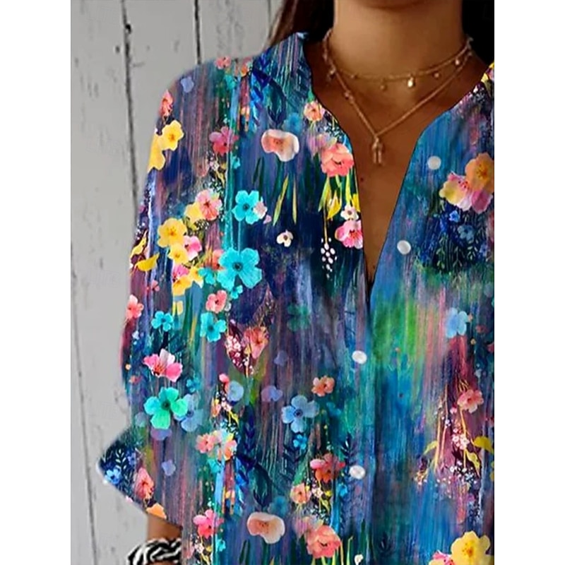 Women's Shirt Button Down Tunic Shirt Collar Long Sleeve Ombre Floral Graphic Vintage Tropical Daily V Neck Regular Tops Work Daily Holiday s Print White Blue Green Spring Fall2