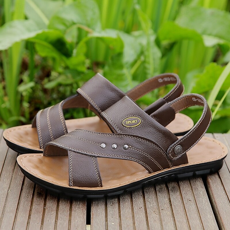 Men's Brown Faux Leather Strapped Sandals Adjustable Hook and Loop Fastening Soft Cushioned Footbed Perfect for Casual Everyday Wear and Walking2