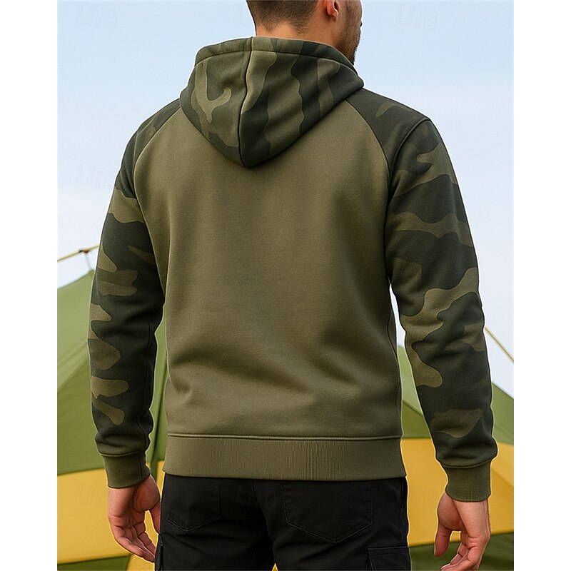 Men's Hoodie Hiking Sweatshirt Hiking top Long Sleeve Hooded Top Outdoor Lightweight Elastic Breathable Pullover Polyester Camo Black Army Green Khaki Tennis Golf Running2