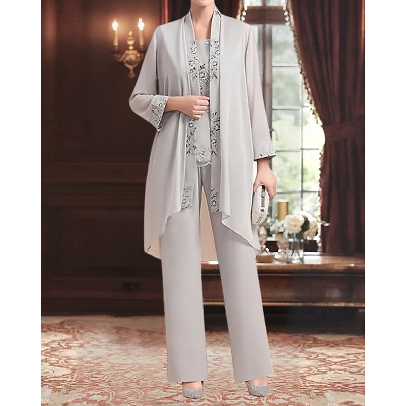Pantsuit 3 Piece Pantsuit Mother of the Bride Dress Elegant Vintage Simple Boat Neck Floor Length Chiffon Polyester Sleeveless Long Sleeve with Lace Sequin Embroidery
