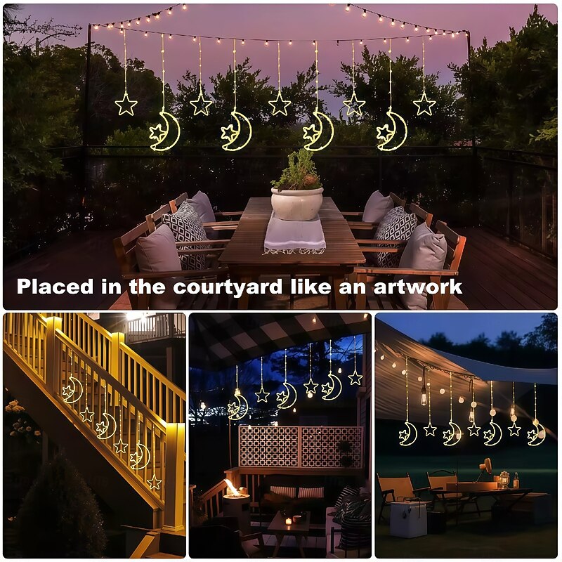Led Decorative Light Solar Moon Star Light String Outdoor Waterproof Solar Curtain Light 8 Modes Of Hanging Ice Bar Light 1PC4