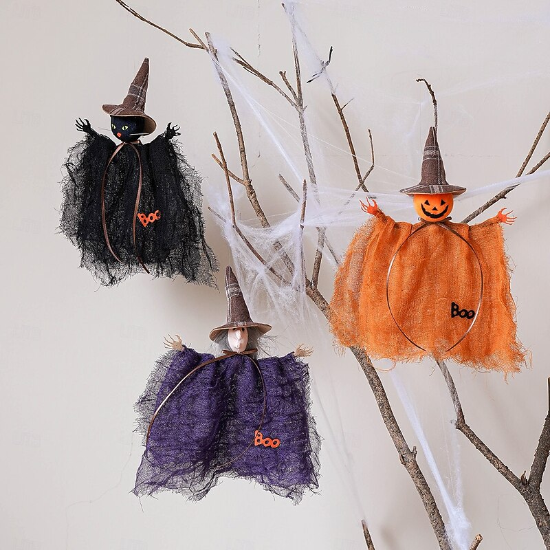 1pc Halloween Witch Ornament with Pumpkin, Ghost, and Mesh Decor - Spooky Haunted House Party Hanging Decoration for Home, Yard, or Office