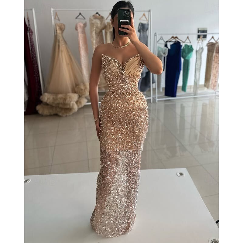 Column Sequined Evening Gown Vintage Dress Carnival Formal Floor Length Sleeveless Sweetheart with Glitter4