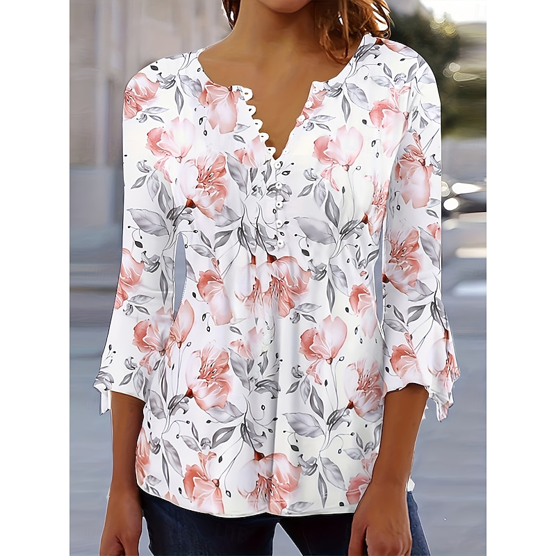 Women's Blouse V Neck Ombre Graphic Elegant 3/4 Length Sleeve Crew Neck Regular Tops Daily Going out Ruffle Buttons Black White Pink Spring Fall4