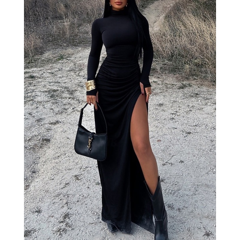 Women's Long Dress Maxi Dress Velvet Dress Cocktail Dress Bodycon Ruched Dress Fashion Classic Vacation Daily Evening Party Regular Fit Plain Long Sleeve Turtleneck Black Fall3