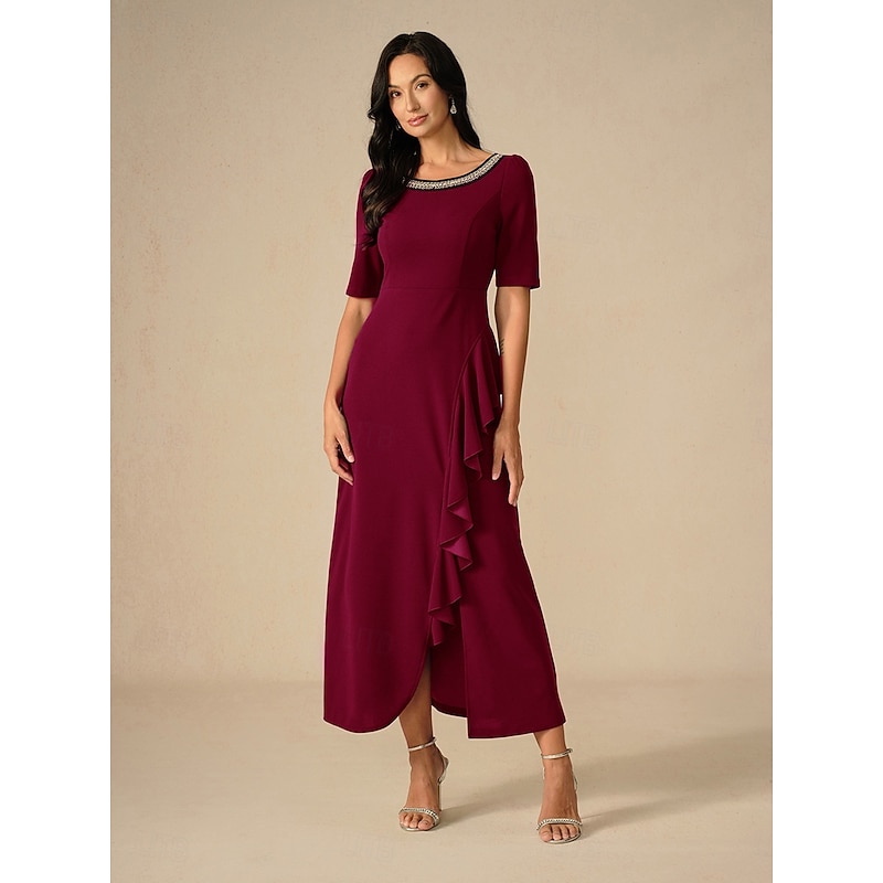 Women's Maxi Dress Ruffle Dress Elegant Regular Fit Solid Color Short Sleeve Crew Neck Wine Summer Spring Fall