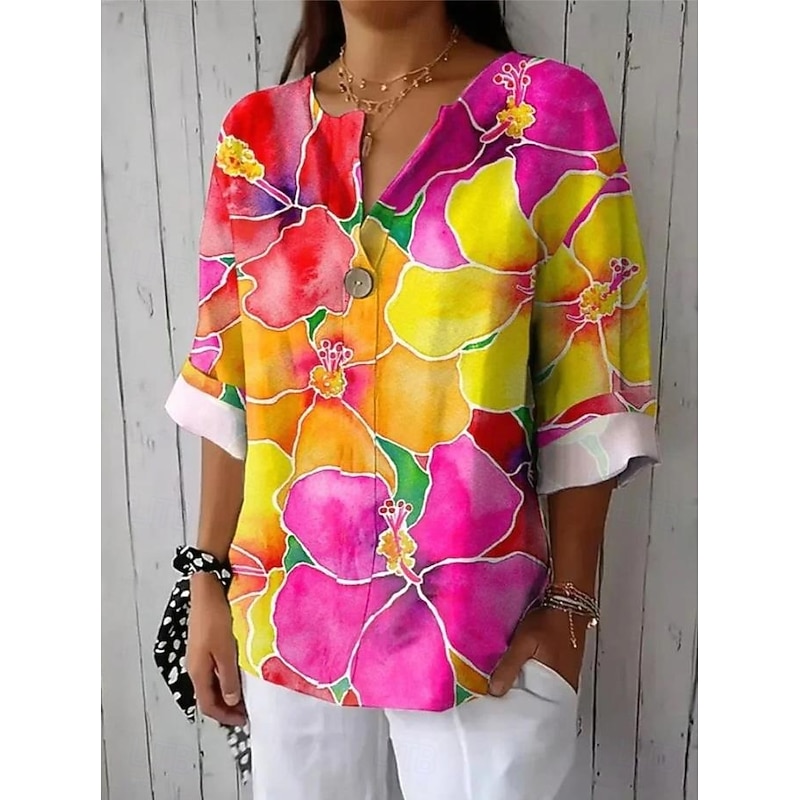 Women's Shirt Long Sleeve  V Neck Floral Graphic Geometric Vintage Tropical Hawaiian 3/4 Length Sleeve Crew Neck Regular Tops Daily Holiday Beach Wear Print Light Green Green Rose Pink Summer Spring2