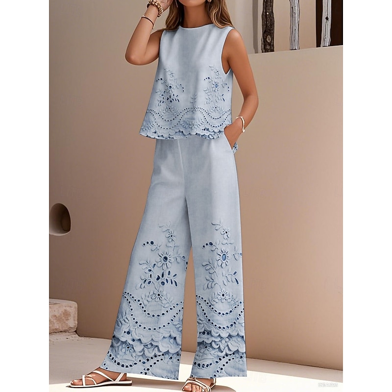 Women's Elegant Fashion Streetwear Two Piece Sets Blouse Vest Pants Trousers Sleeveless Crew Neck Outdoor Work Casual Floral Print Vacation Daily Holiday Pink Blue Summer Regular Fit3
