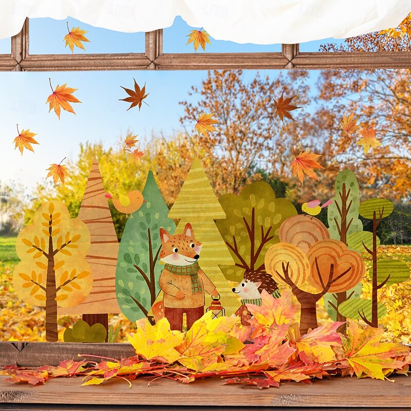 Fall Window Clings Autumn Thanksgiving Decoration, Double-Sided Visible Static Stickers with Cartoon Forest Leaves, Fox and Hedgehog, Removable Glass Decals for Window and Display4