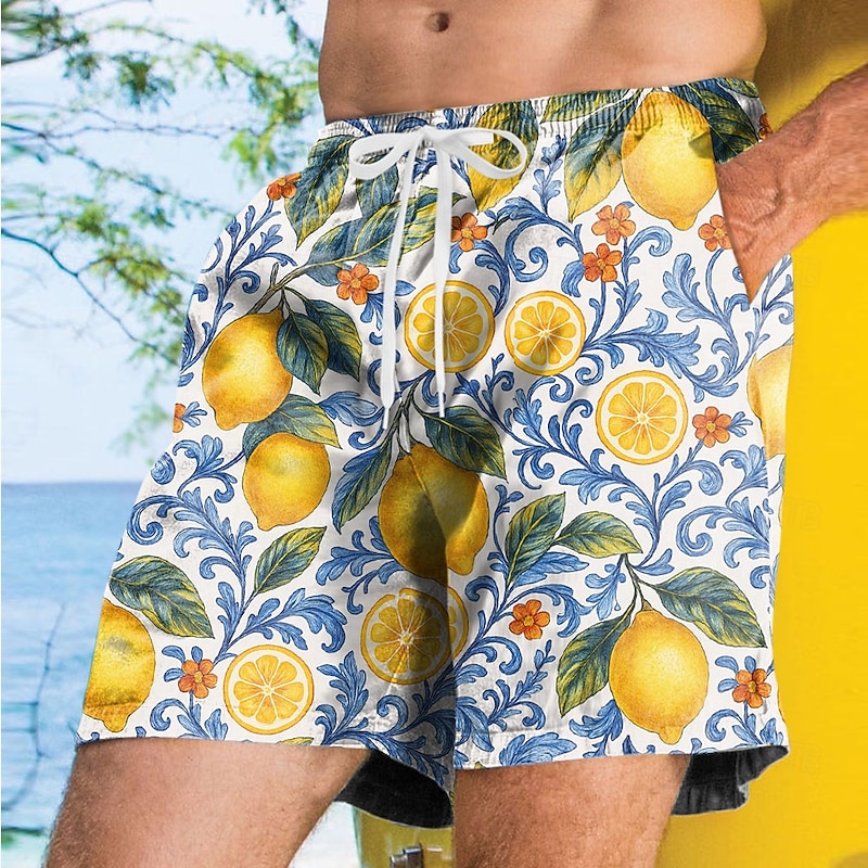 Men's Fruit Lemon Tropical Plants Swim Trunks Swim Shorts Board Shorts Mid Waist Streetwear Hawaiian Vacation Side Pockets Mesh Lining Elastic Drawstring Waist Designer Clothing Apparel