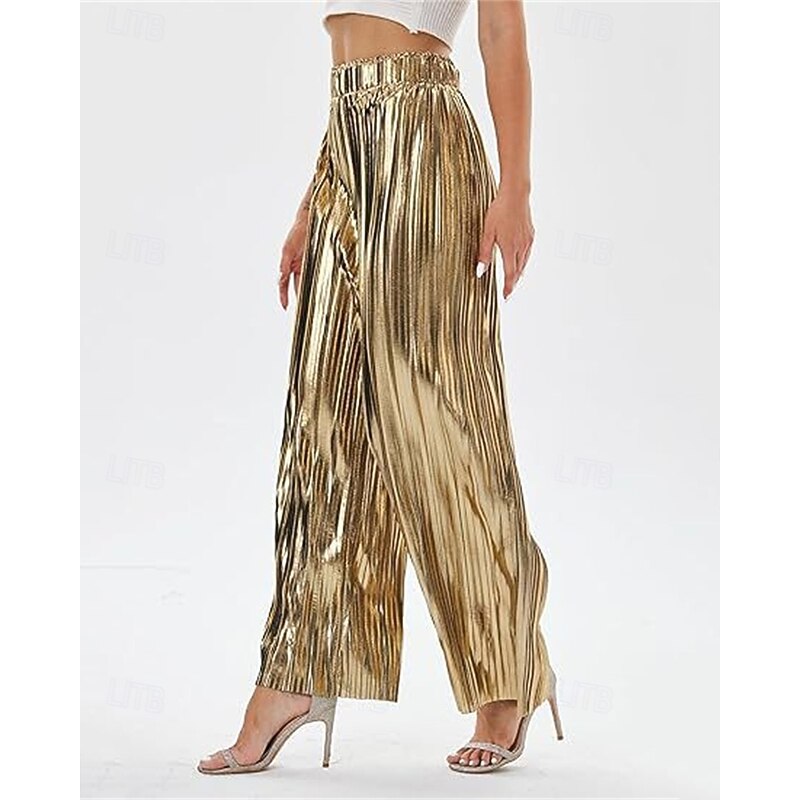 Women's Pants Trousers Palazzo Pants Fashion Streetwear Full Length High Waist Plain Elastic Waist Breathability Comfortable Micro-elastic Party Going out Silver Black Gold Spring Fall Regular Fit3