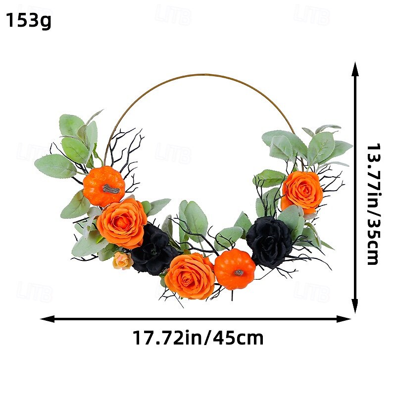 Halloween Wreath for Front Door Indoor Outdoor Decoration, Metal Hoop Pumpkin Rose Floral Wreath, Artificial Halloween Wall Hanging for Home Window Display3