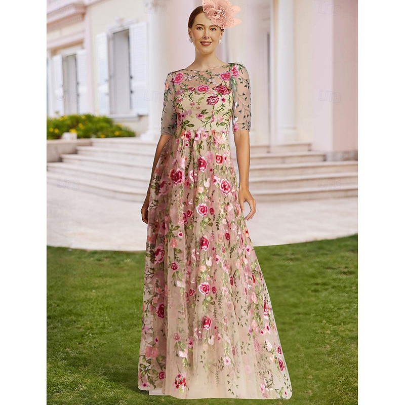Floral Embroidered A-Line Mother of the Bride Dress Formal Elegant Vintage Illusion Neck Floor Length Tulle Half Sleeve with Appliques Flower4
