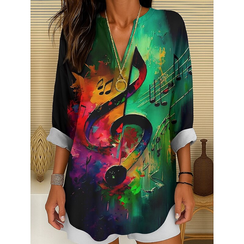 Music Festival Women's Blouse Tunic V Neck Long Sleeve Boho Casual Tops Ombre Graphic Geometric Elegant Vintage Tropical Regular Tops Daily Print Blue Orange Green4