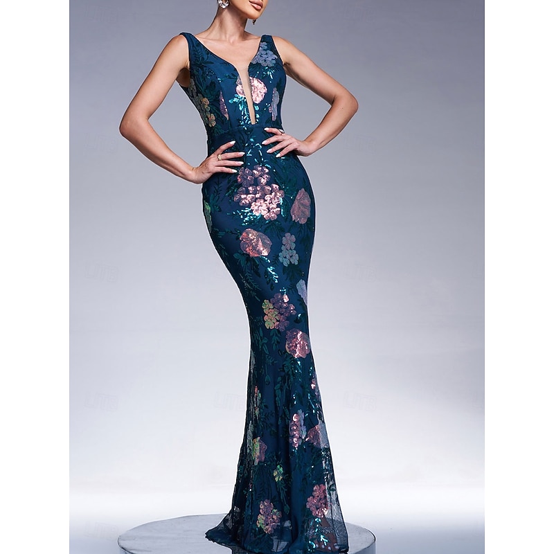 Mermaid / Trumpet Evening Gown Elegant Dress Formal Wedding Floor Length Sleeveless V Neck Lace with Sequin2