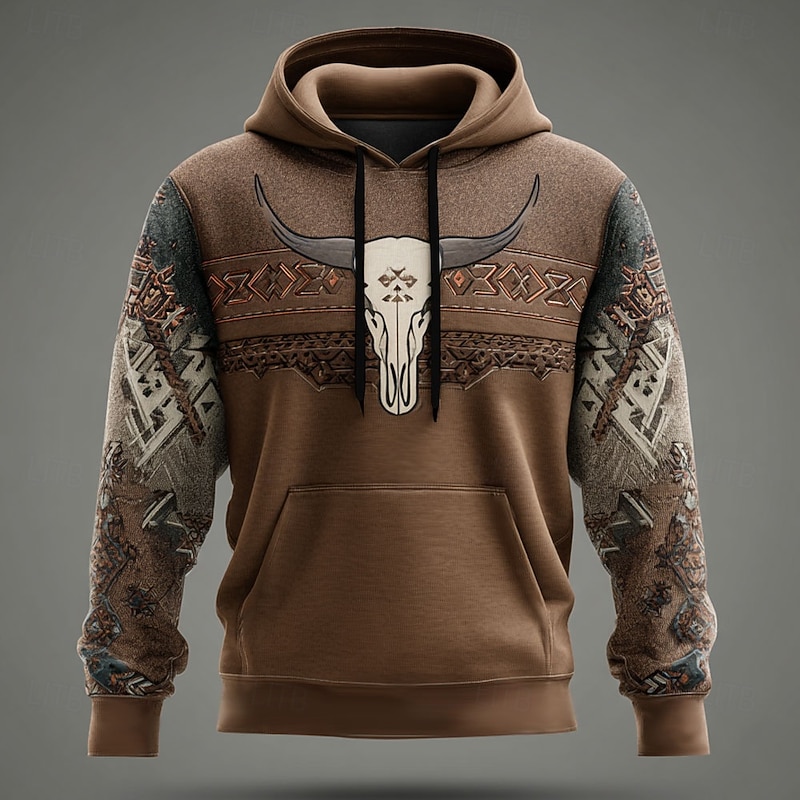 Men's Cowboy Hoodies Sweatshirt Ethnic Vintage Retro Long Sleeve Crew Neck Holiday Travel Streetwear Blue Brown Drawstring 3D Fall Winter Designer