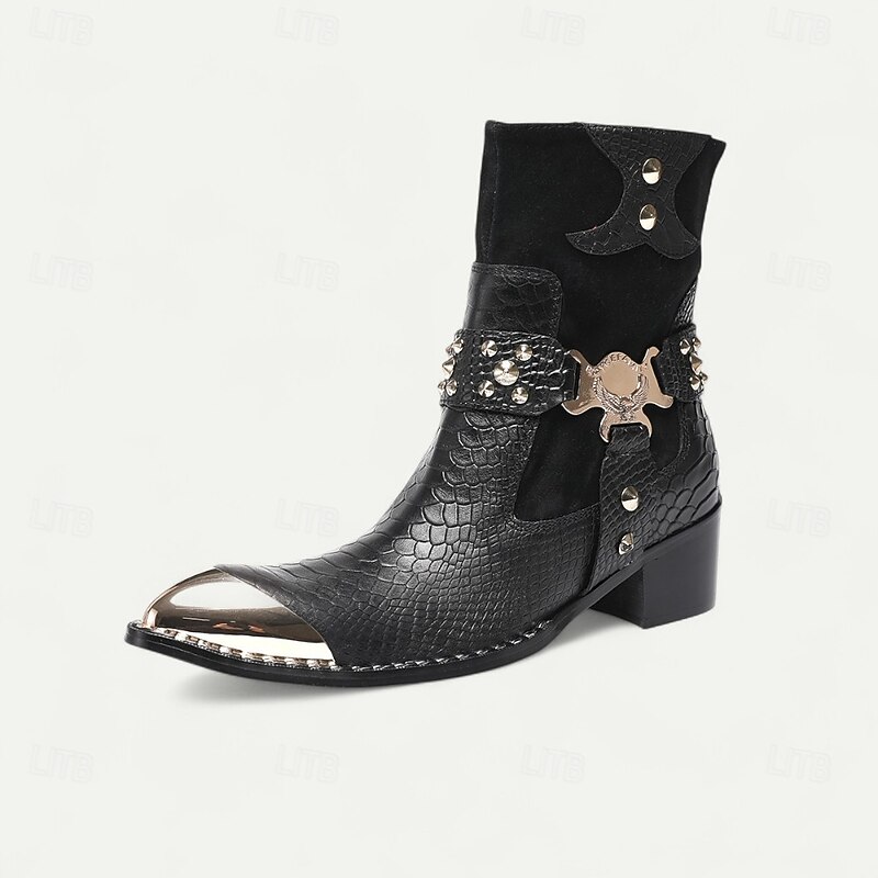 Men's Black Leather Ankle Boots with Studded Straps and Metal Toe Caps - Stylish Western Boots for Formal and Casual Occasions3