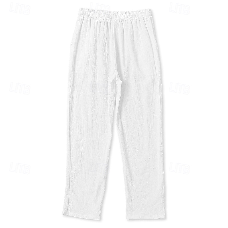 Men's Linen Pants Trousers Summer Pants Baggy Pants Beach Pants Elastic Waist Drawstring Straight Leg Plain Comfort Breathable Full Length Outdoor Holiday Beach Vacation Fashion White Army Green4