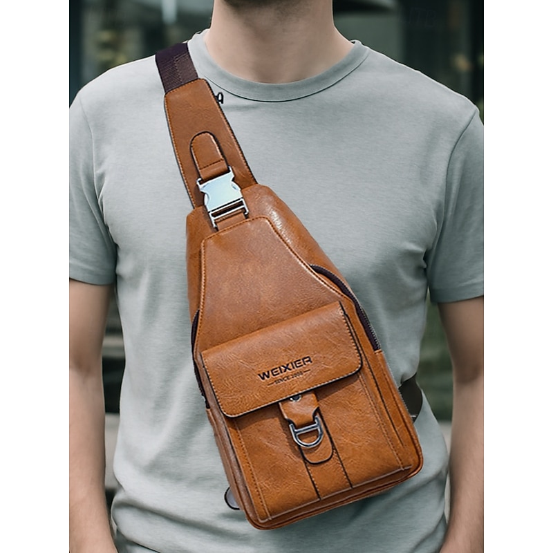 Men's Brown Faux Leather Crossbody Bag - Waterproof and Scratch-resistant Chest Bag with Adjustable Shoulder Strap for Travel, Work or Daily Casual Party Use