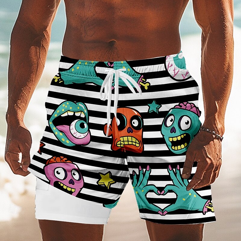 Men's Cartoon Stripes Monster Lined Shorts 2 in 1 Board Shorts Swim Shorts Mid Waist Hawaiian Holiday Beach Wear Side Pockets With Compression Liner Elastic Drawstring Waist Designer Clothing Apparel