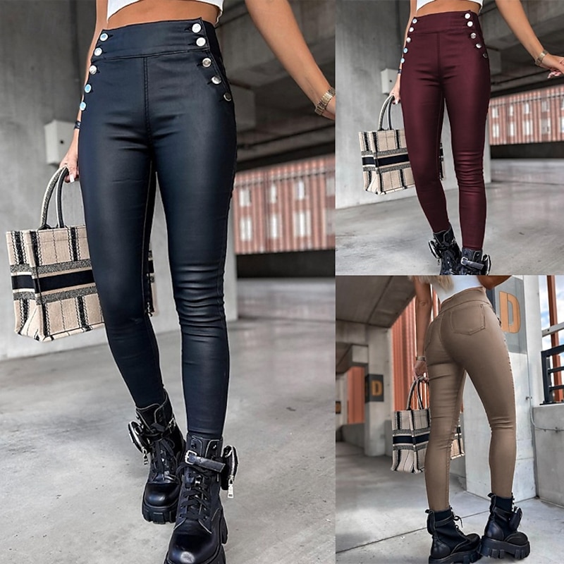 Women's Leather Pants Leggings Fashion Streetwear Full Length High Waist Plain Comfy Soft Comfortable Micro-elastic Outdoor Street Wine Black Khaki Summer Spring Skinny