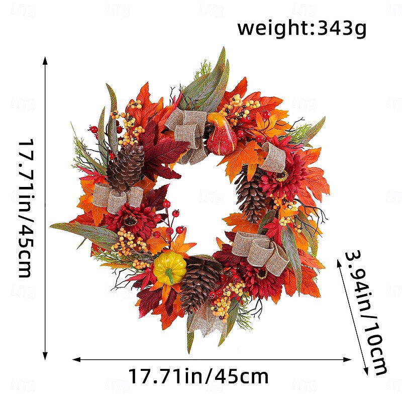 Fall Wreath for Front Door Thanksgiving Autumn Harvest Indoor Outdoor Decoration, Red Sunflower and Pinecone Wreath with Pumpkins and Maple Leaves Grapevine Wall Hanging2