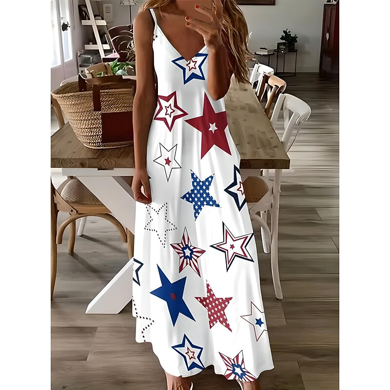 Women's Patriotic  Maxi Dress A Line Dress Slip Dress Vacation Casual Daily Holiday Graphic American Flag Sleeveless V Neck Spaghetti Strap White Red Sky Blue2