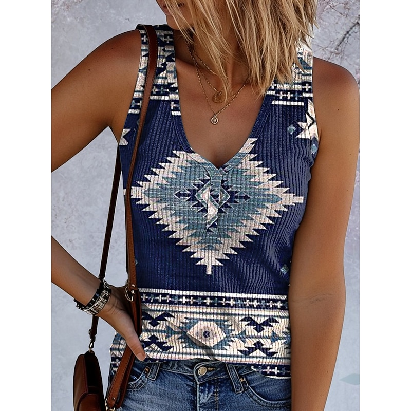 Women's Camisole Tank Top Graphic Geometric Vintage Stylish Ethnic Sleeveless V Neck Regular Tops Daily Print Red Blue Dusty Blue Summer Spring4