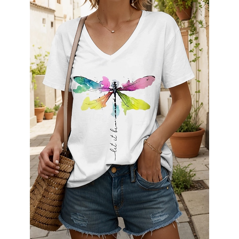 Women's T Shirt Graphic Letter Dragonfly Vintage Stylish Classic Short Sleeve V Neck Regular Tops Daily Print White Red Blue Purple Green Summer Spring