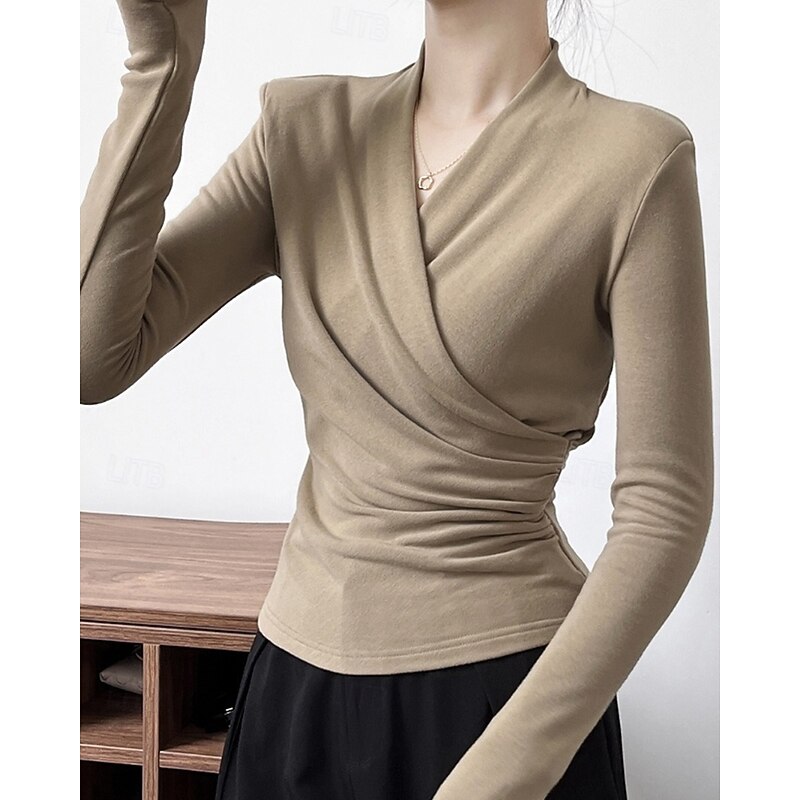 Women's Blouse Plain Modern Casual Long Sleeve V Neck Regular Tops Daily Holiday Ruched Black White Light Brown Fall3