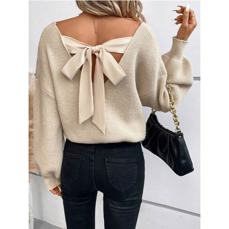 Women's Sweater Casual Soft Pure Color Ribbed V Neck Open Back Knitted Long Sleeve Regular Tops Knit Outdoor Daily Weekend Black Royal Blue Fall Winter