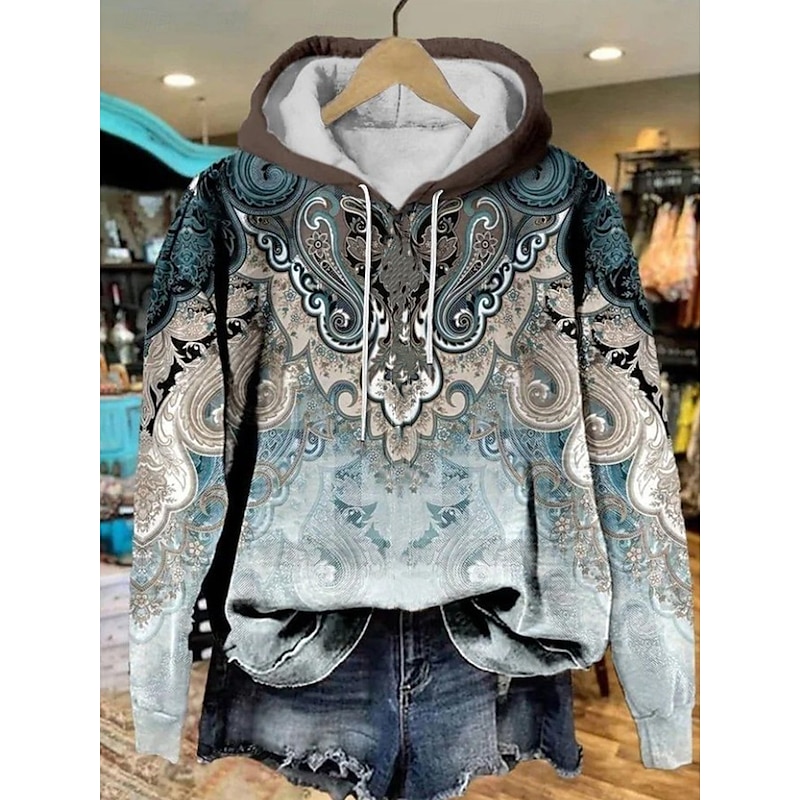 Women's Hoodie Pullover Sweatshirt Oversized Long Sleeve Casual Graphic Floral Paisley Vintage Fashion Western Hooded Street Dailywear Holiday Print Front Pocket Blue Orange Beige Gray Fall Winter2