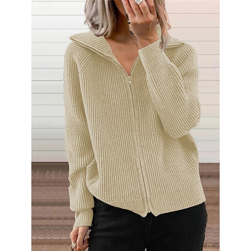 Women's Sweater Cardigan Elegant Fashion Streetwear Pure Color Shirt Collar Zipper Knitted Long Sleeve Regular Tops Knit Outdoor Daily Weekend Black Blue Fall Winter3