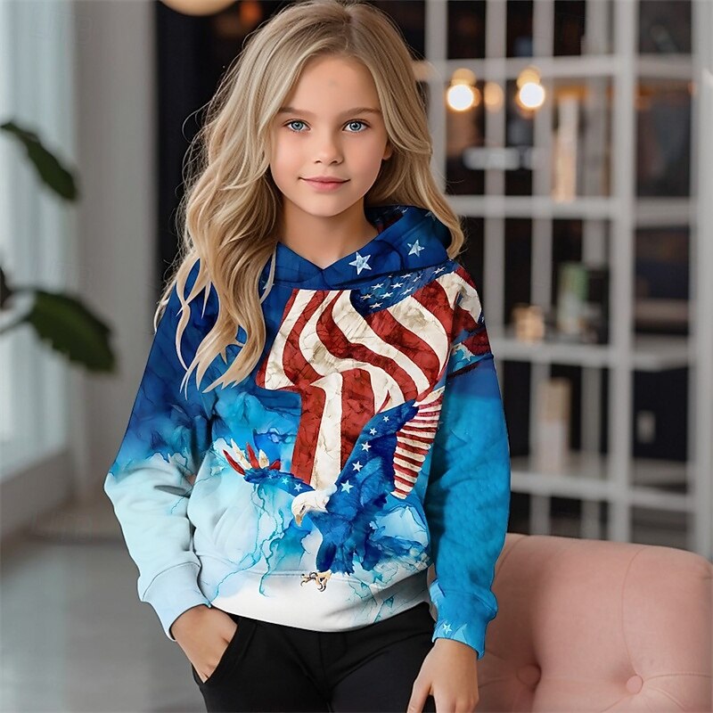 American Independence Day Girls' 3D Flag Hoodie Long Sleeve Spring Fall Fashion Streetwear Kids 4-12 Years Hooded Outdoor Casual Daily Regular Fit4