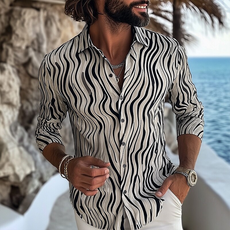 Men's Geometric Striped Lines / Waves Shirt Button Up Shirt Casual Dress Shirt Long Sleeve Fashion Casual Formal Vacation Dailywear Summer Spring Turndown 3D Print Collared Shirts Black Black+White