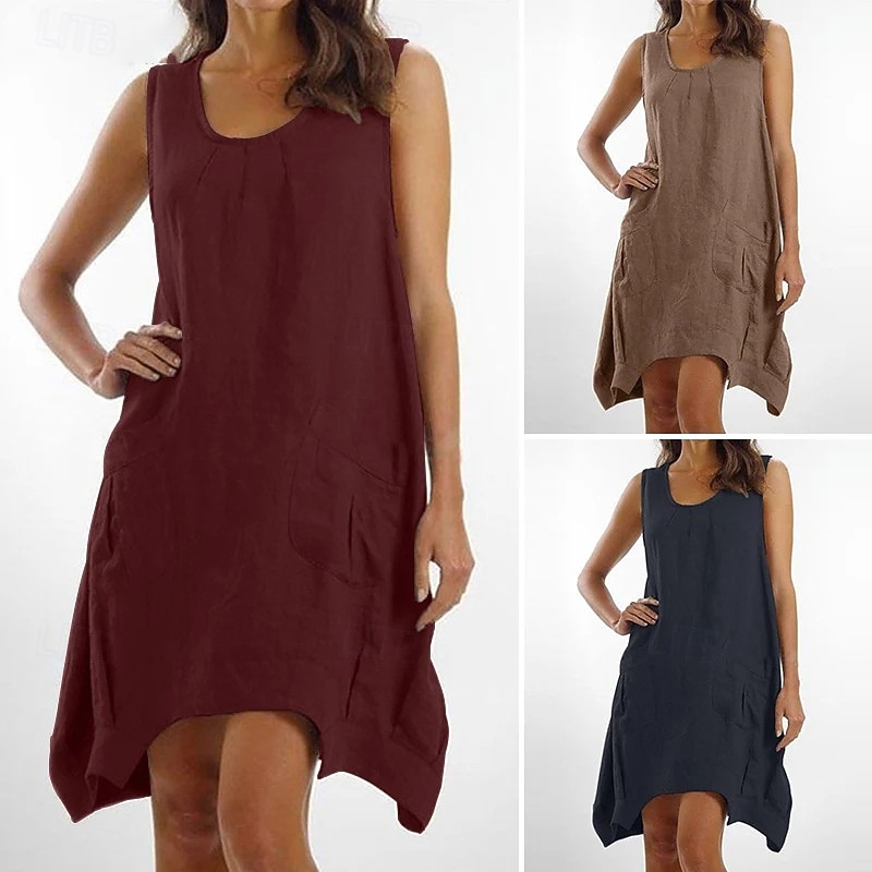 Women's Mini Dress Casual Dress Tank Dress Classic Modern Daily Holiday Going out Regular Fit Plain Sleeveless Crew Neck Wine Camel Dark Blue Summer