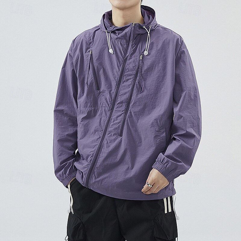 Men's Running Jacket Outdoor Jacket Full Zip Long Sleeve Outerwear Athletic Solid Colored Sun Protection Quick Dry Lightweight UV Cooling Tennis Golf Running Sportswear Activewear Black White Purple