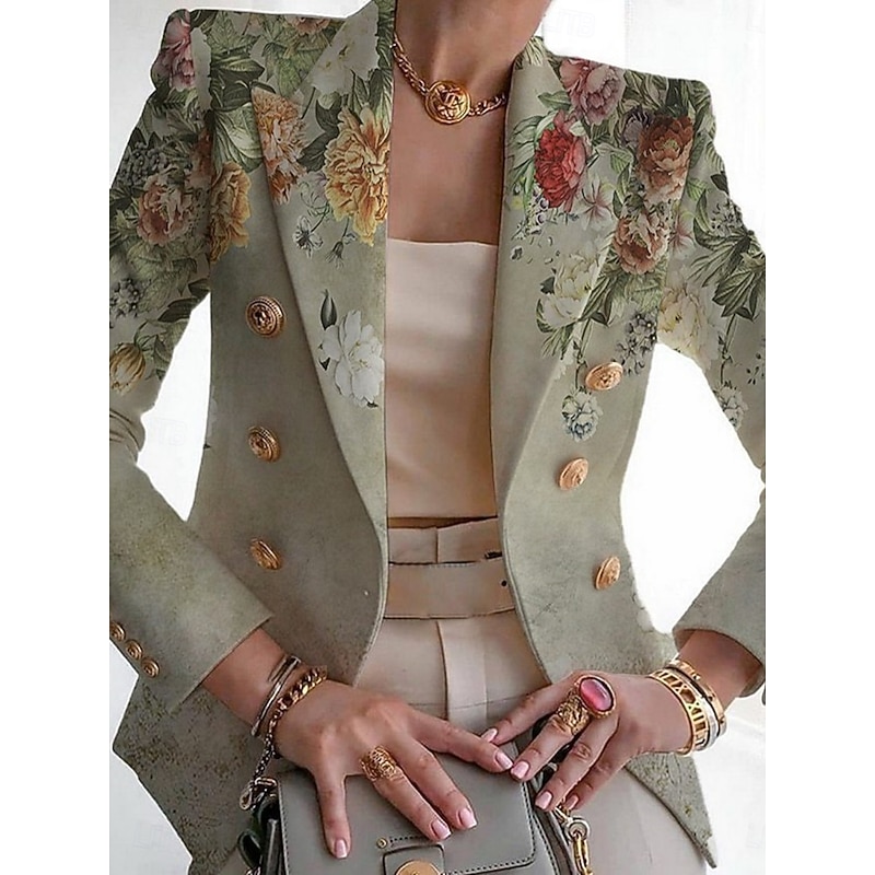 Women's Blazer Comfortable Breathable Print Fashion Casual Floral Formal Work Office / Career Double Breasted Regular Turndown Regular Fit Long Sleeve Outerwear Black White Navy Blue Summer2