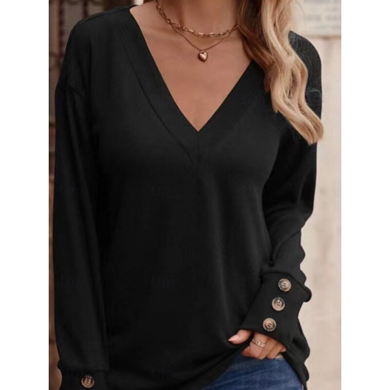 Women's Blouse Solid Color Stylish Casual Long Sleeve V Neck Regular Tops Daily Buttons Black White Wine Army Green Navy Blue Spring Fall2