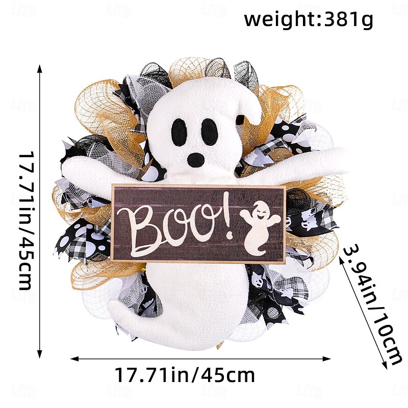 Halloween Wreaths for Front Door Indoor Outdoor Decoration, Ghost BOO Wooden Sign Mesh Wreath with Spooky Doll for Window and Wall Decor3